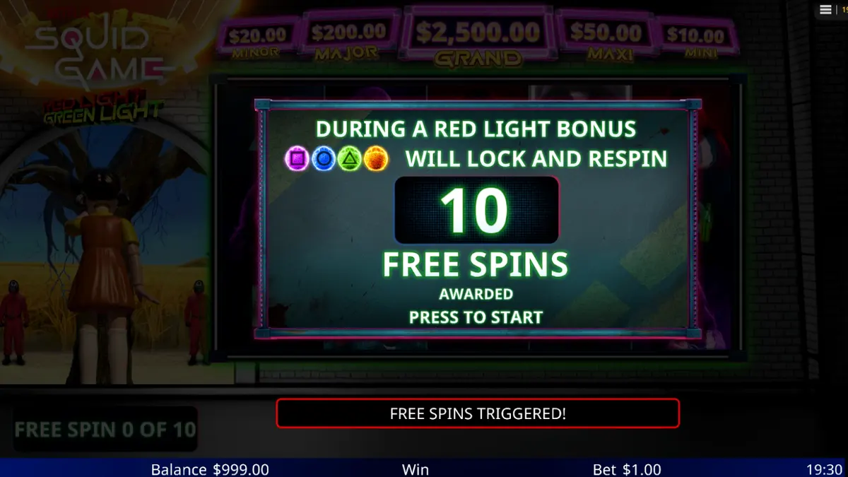 Tampilan visual slot Squid Game: Red Light, Green Light dengan latar taman bermain yang mencekam